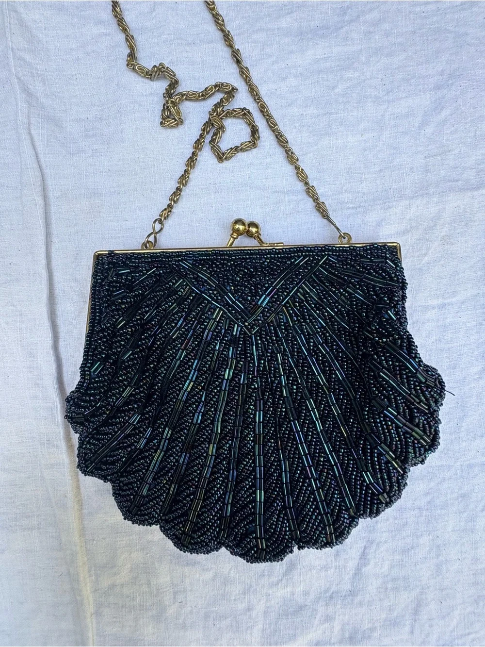 Vintage La Regale Navy Beaded Shell Clutch with Gold Chain